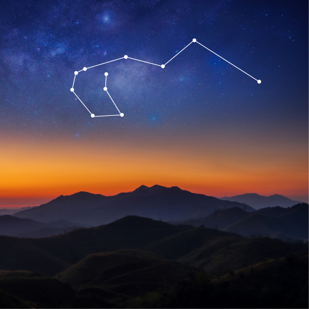 Warm sunset behind mountains with the Carina constellation outlined in the sky.