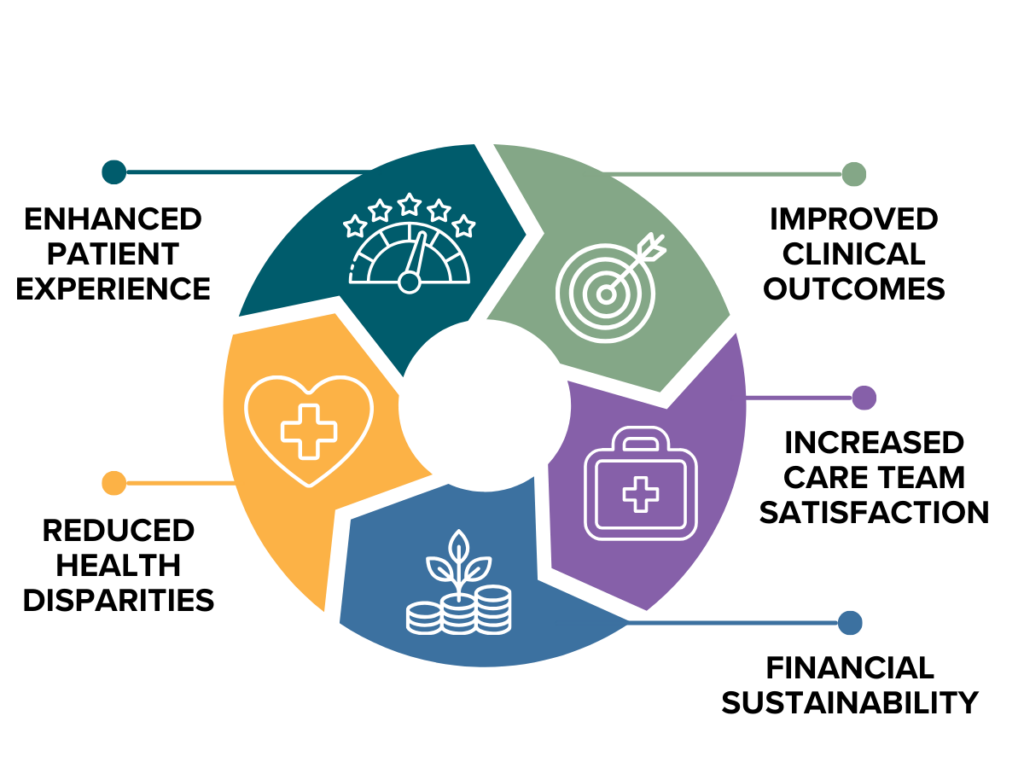 A cyclical diagram of the Quintuple Aim process.