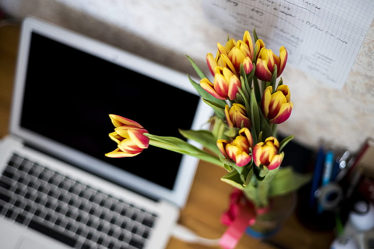 An overhead shot of a desk with a computer and flowers.