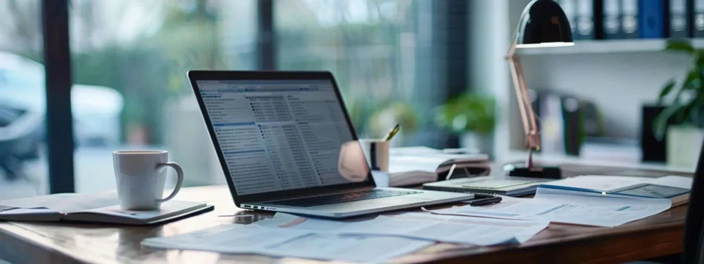 Desk with a laptop and documents laid out for work.