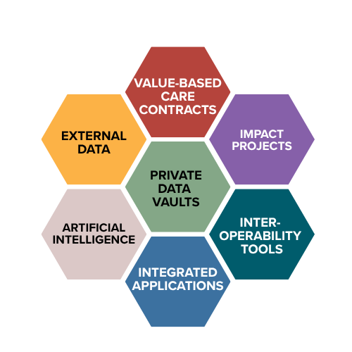 7 honeycombs hexagons: Value-based care contracts, external data, private data vaults, impact projects, artificial intelligence, integrated applications and interoperability tools.