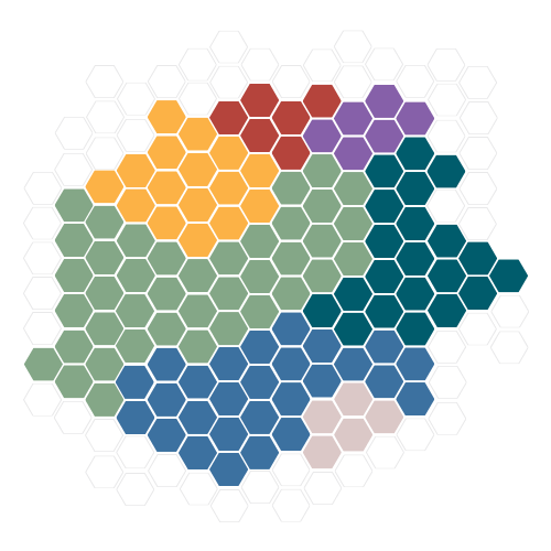 Hexagons in 7 different colors with a border of white.